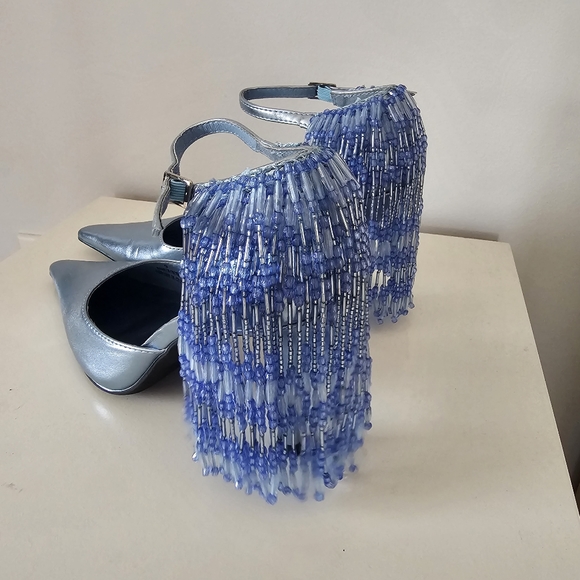 JEFFREY CAMPBELL Show Stop Light Blue Metallic Beaded Fringe Leather Pumps - Picture 6 of 16